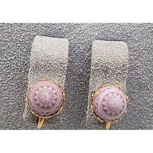 Purple Lotus Flower Glass Cabachon Clip On Earrings Small Studs in Gold Tone